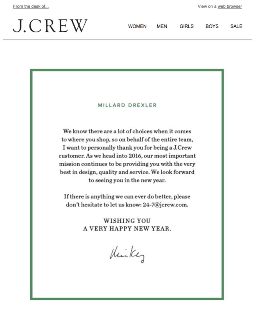 Gratitude note from Millard Drexler wishing recipients a happy new year